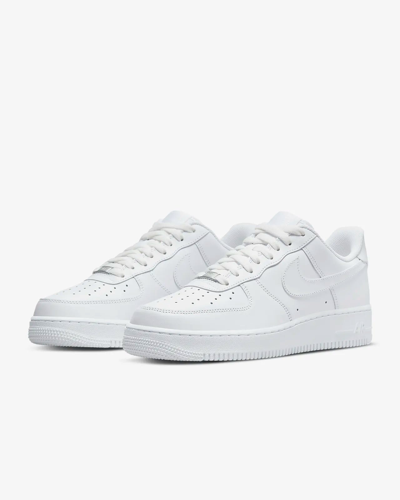 A pair of white Nike Air Force 1 '07 sneakers against a white background.