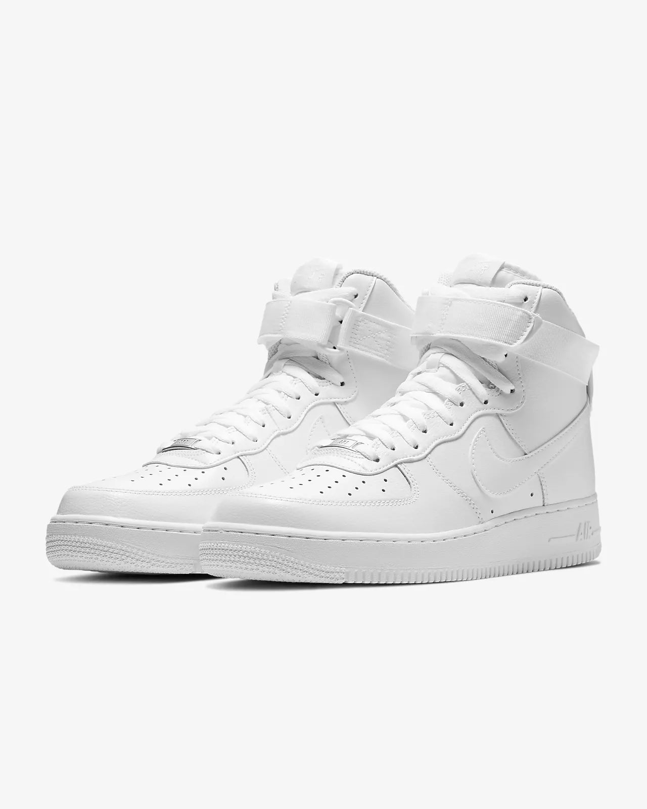 A pair of white Nike Air Force 1 '07 basketball sneakers with a high collar, perforated upper, and a classic hook-and-loop closure.
