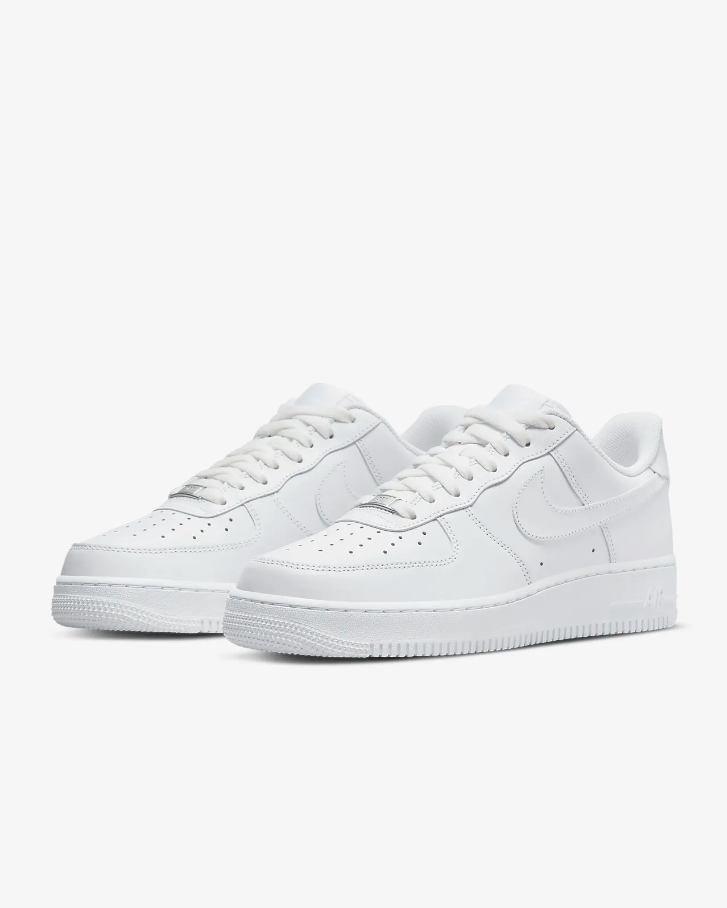 A pair of white Nike Air Force 1 '07 sneakers against a white background.