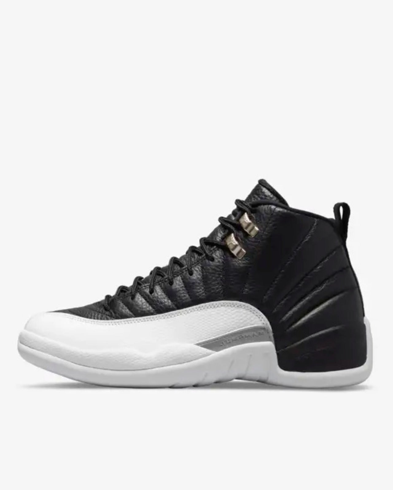 A pair of Air Jordan 12 Retro sneakers in black, red, and white color scheme with a visible 'JORDAN' branding on the sole.