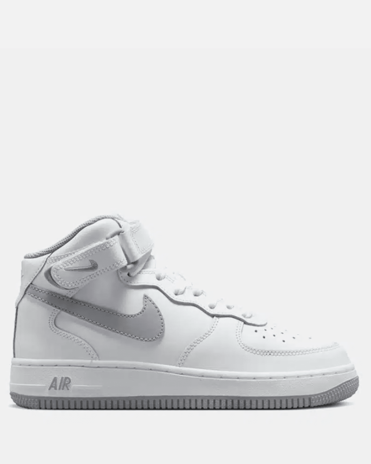 A white Nike Air Force 1 mid-top sneaker with a leather upper and a visible 'AIR' branding on the sole.