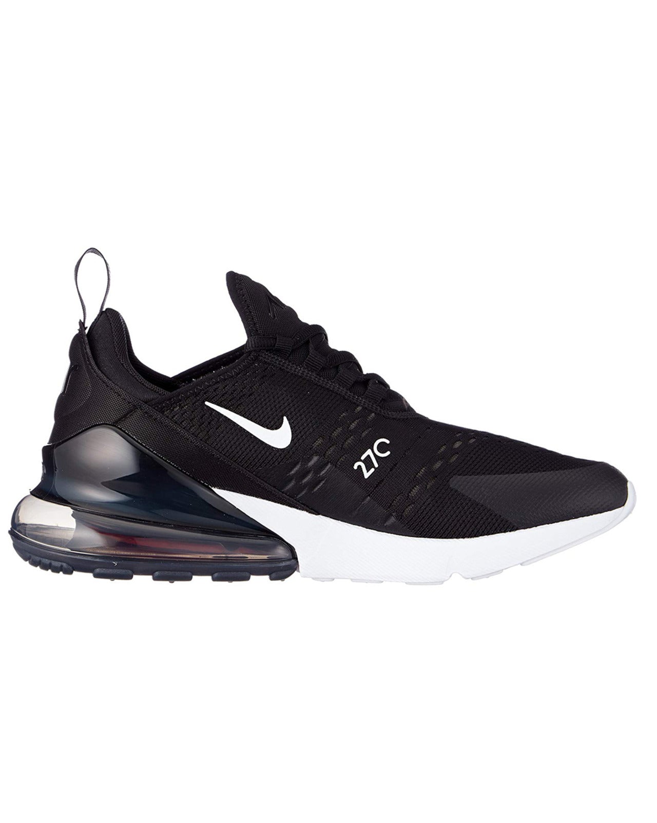 A pair of Nike Air Max 270 sneakers in black and white color scheme with visible Air Max cushioning.