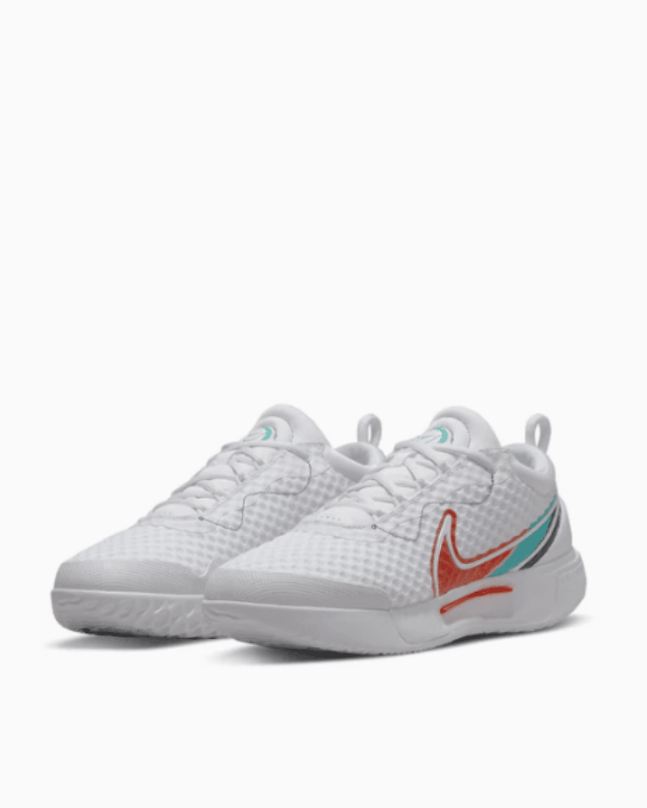 A pair of white Nike Zoom tennis shoes with orange and blue accents on the side.