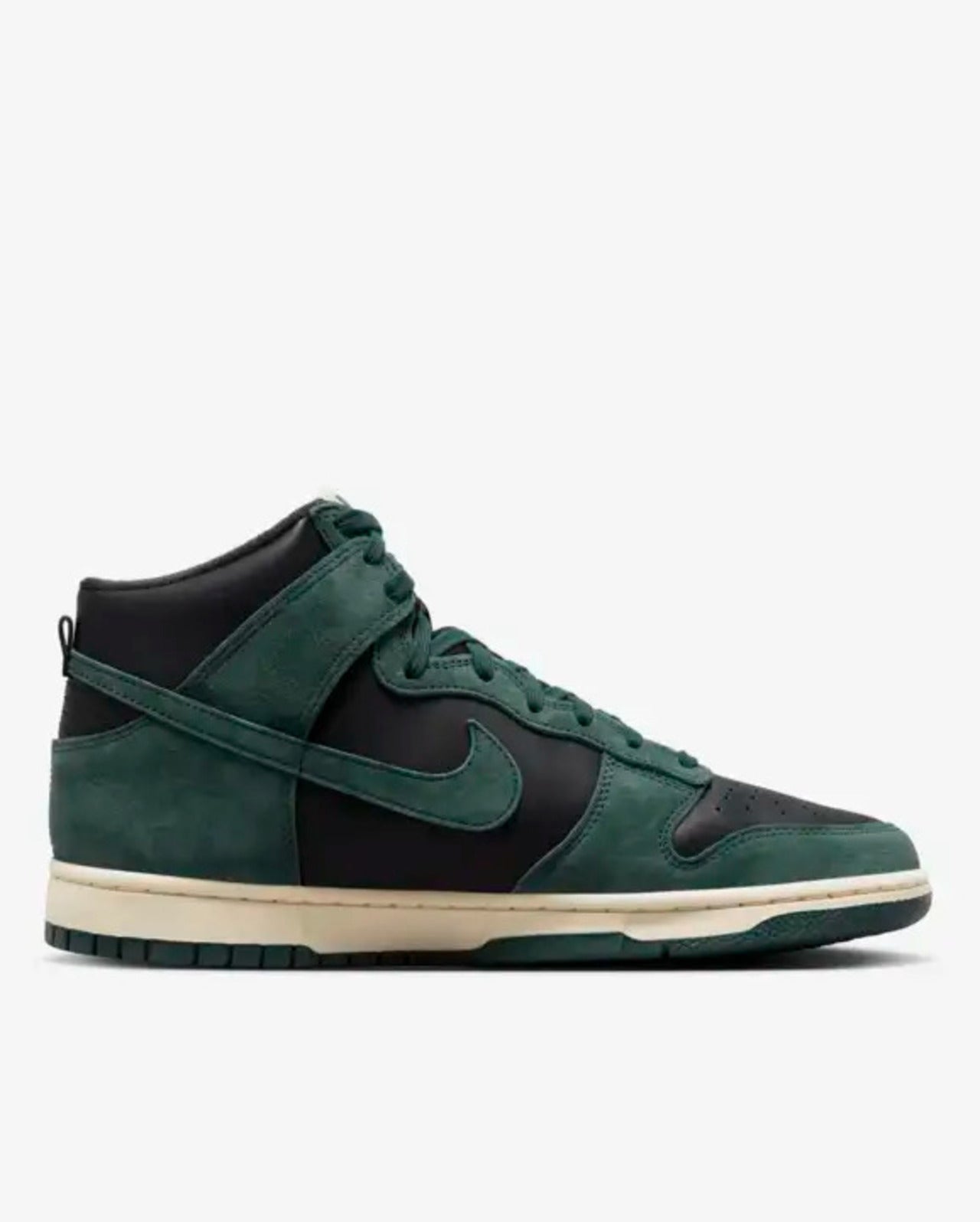 A Nike Dunk High sneaker with a black leather upper, faded spruce suede overlays, and light cream colorway. It features a black mesh tongue, a cream-colored midsole, and a faded spruce rubber outsole.
