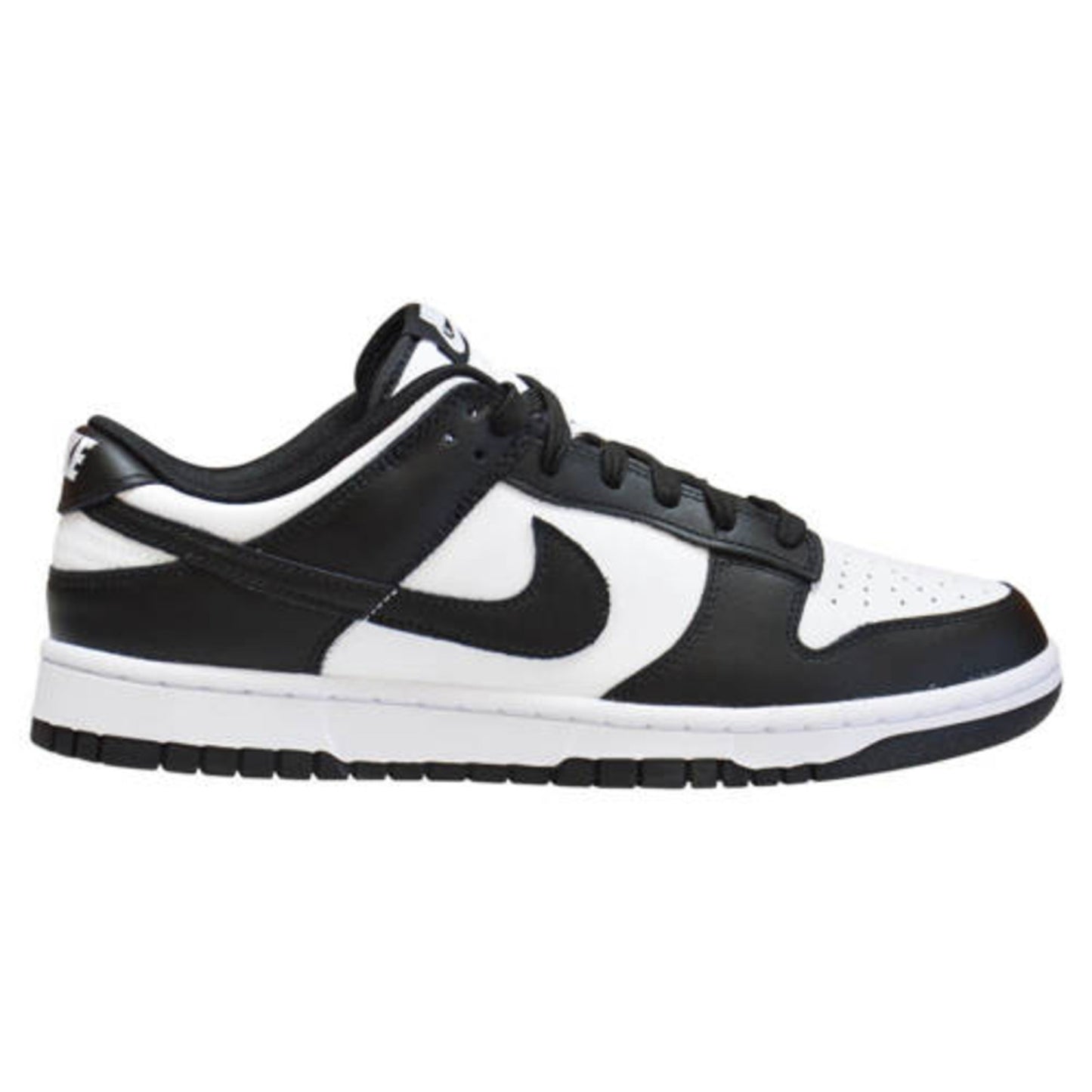 A black and white Nike Dunk Low retro-style sneaker with a prominent Swoosh logo.
