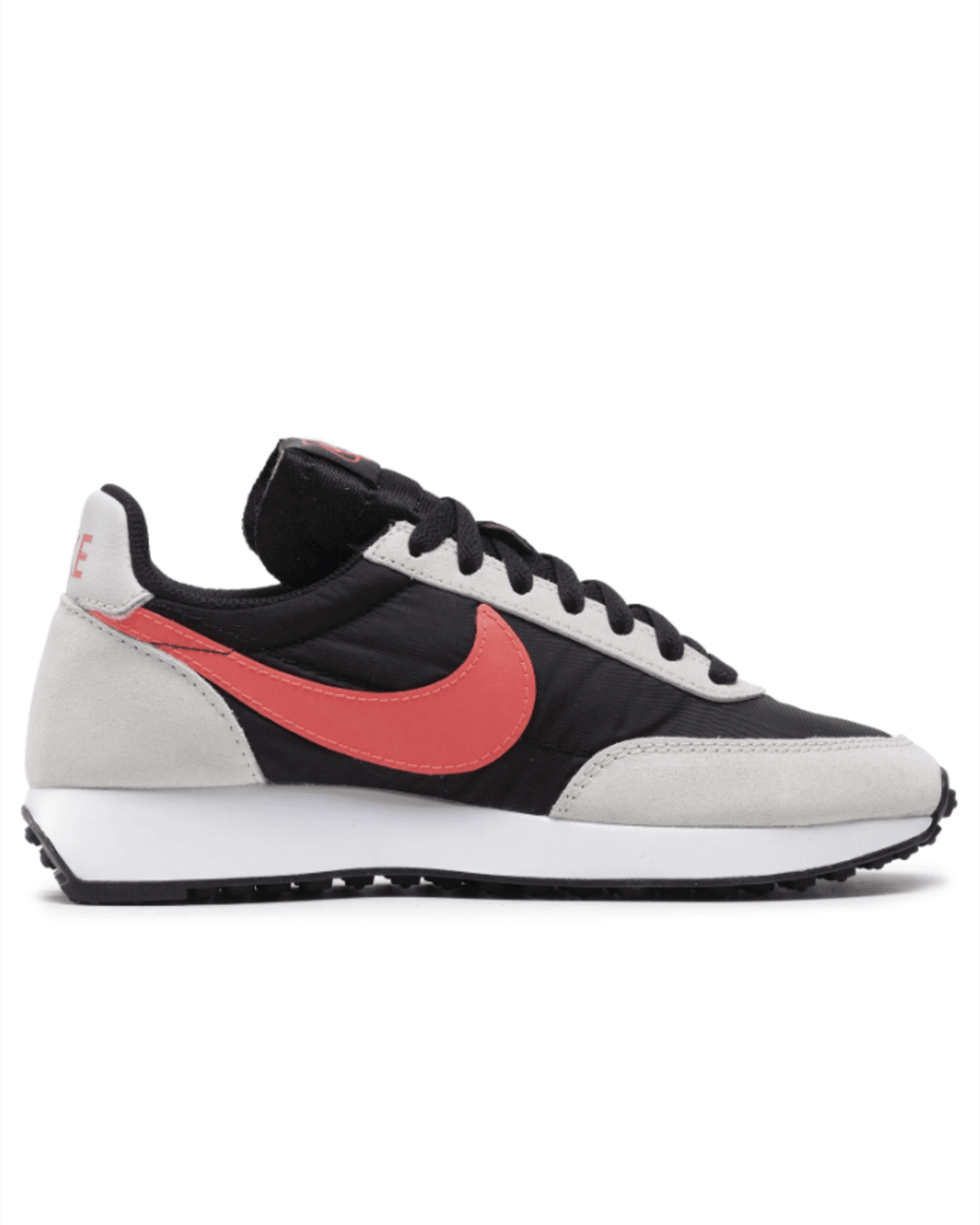 A pair of Nike Air Taiwind 79 sneakers in black, flash crimson, light bone, and white color scheme, featuring a black nylon base with grey suede overlays, red and white leather swoosh logos, and a black waffle rubber outsole.