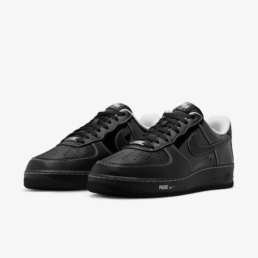 Nike Air Force 1 St. Barth style sneakers in classic black colorway with detailed stitching and sleek design.