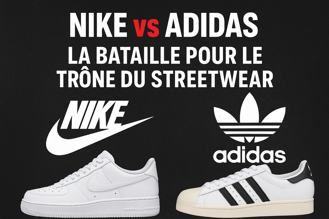 Nike vs Adidas – la bataille pour le trône du streetwear. Illustration montrant les sneakers emblématiques Nike Air Force 1 et Adidas Superstar sur fond urbain.