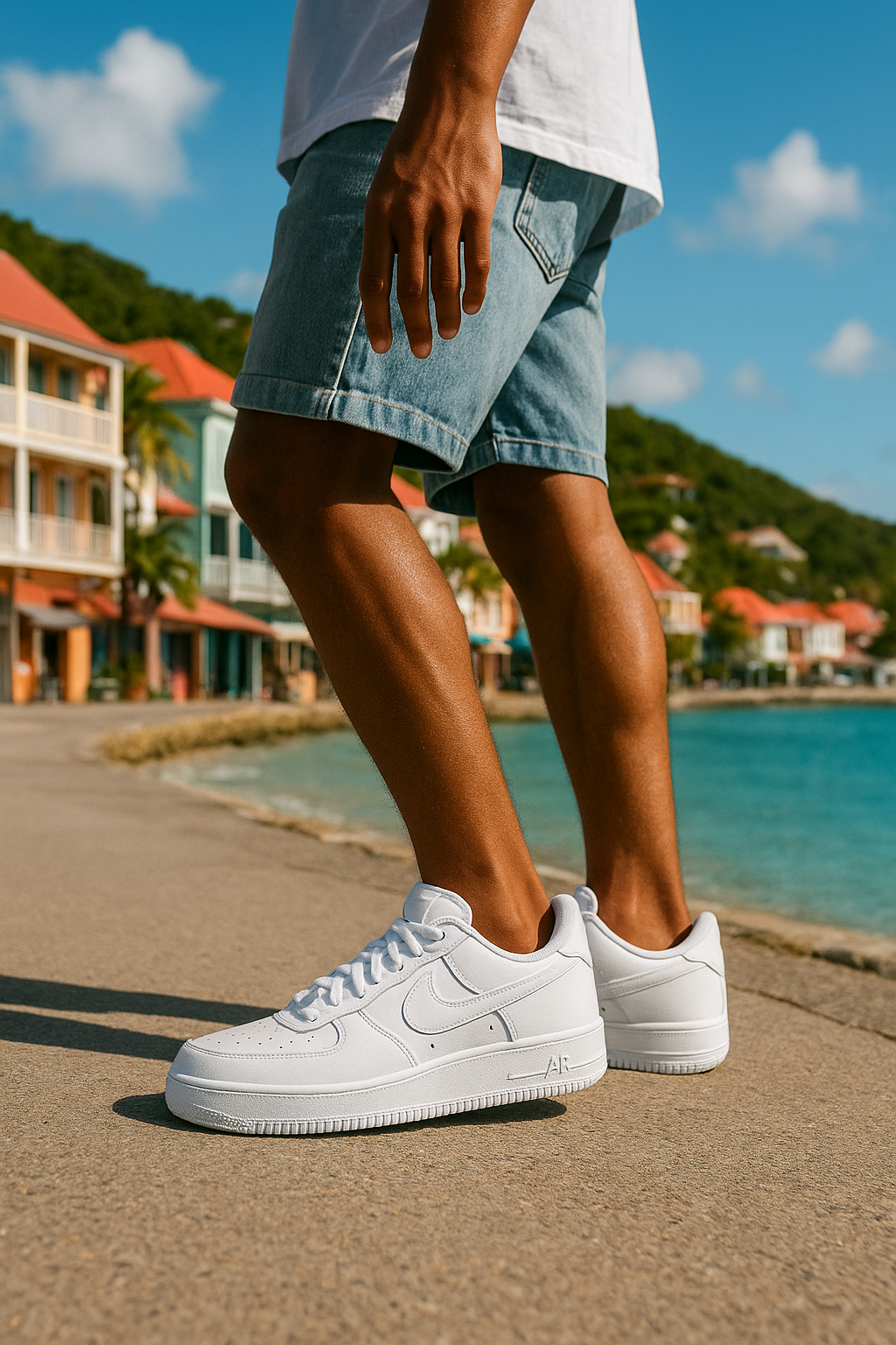 Man walking along the waterfront in St. Barth wearing clean white Nike Air Force 1 sneakers, showcasing fresh sneaker style and care under tropical sunlight