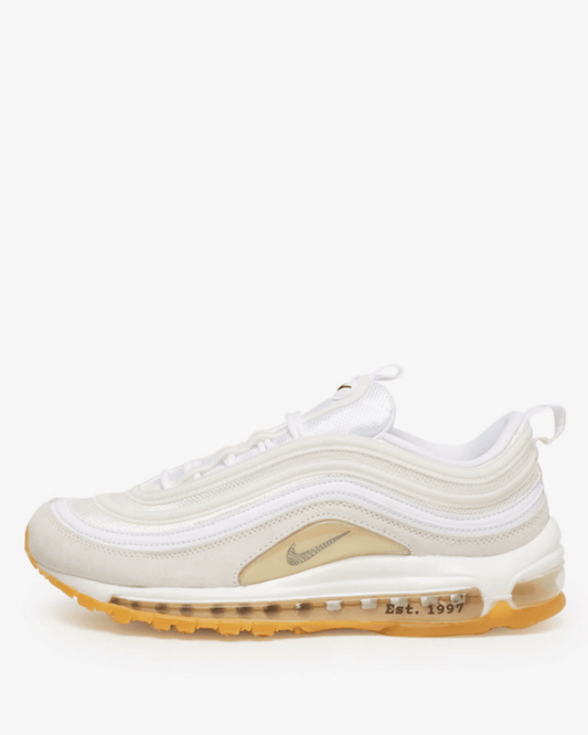 NIKE AIR MAX 97 FR sneaker in white with leather overlays and a yellow sole.