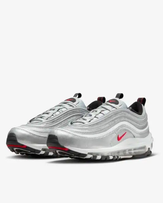 A pair of Nike Air Max 97 OG 'Silver Bullet' sneakers with a synthetic upper in gray, red, and black color scheme.