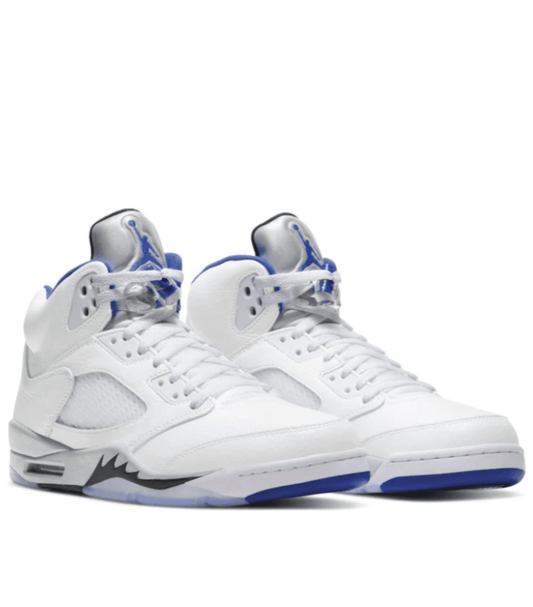 A pair of white Air Jordan 5 Retro Stealth 2.0 basketball shoes with blue accents and lace-up closure.