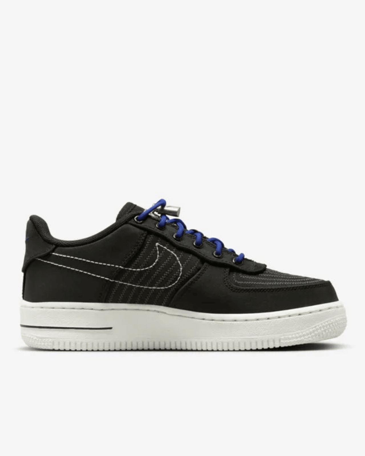 Nike Air Force 1 '07 sneakers with black upper, white sole, and blue laces.